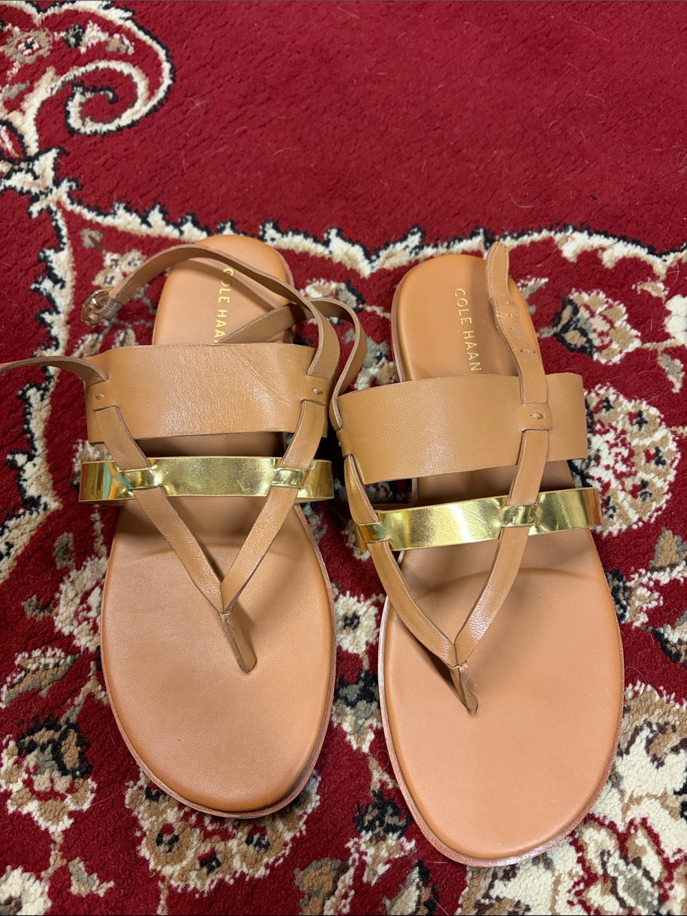 Cole Haan Tan Leather Sandals with Gold Accent Strap